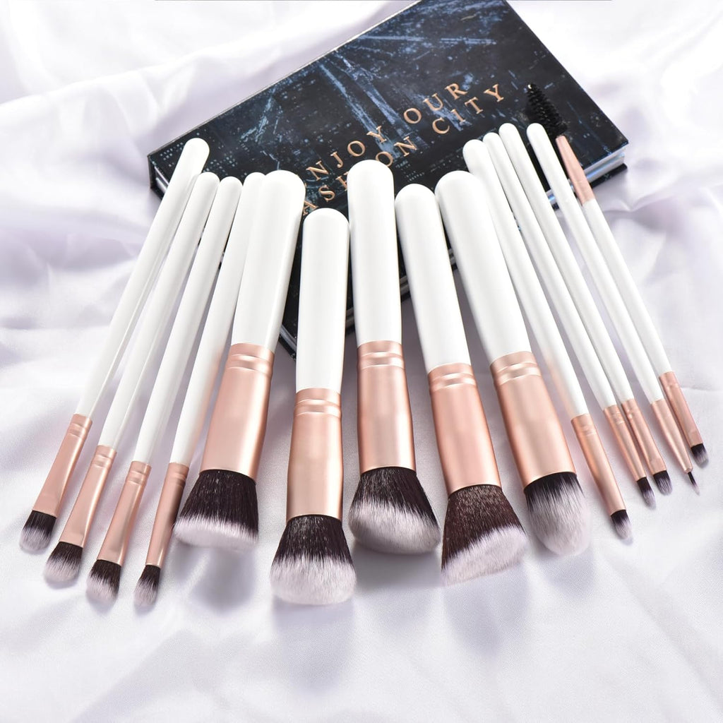 14 Piece White Makeup Brushes - Wooden Handle with Soft Synthetic Bristles,For Face & Eye Makeup|Professional Makeup Brushes Set for Women & Girls|