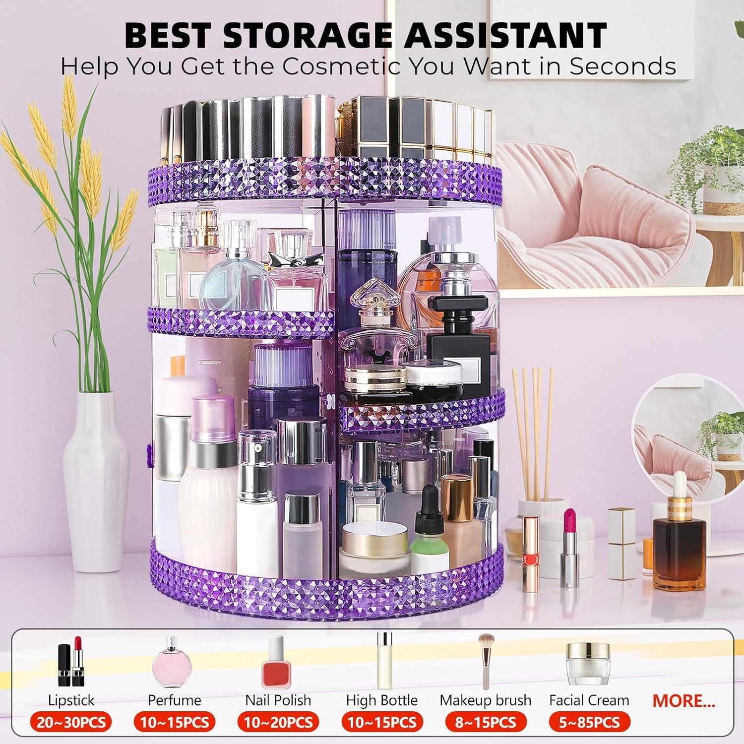 360 Degree Rotating Makeup Organizer, Extra Large Capacity Cosmetics Organizer, Removable 7 Layers Skincare Organizers, Spinning Perfume Organizer, Dresser Organizer Countertop (Purple)