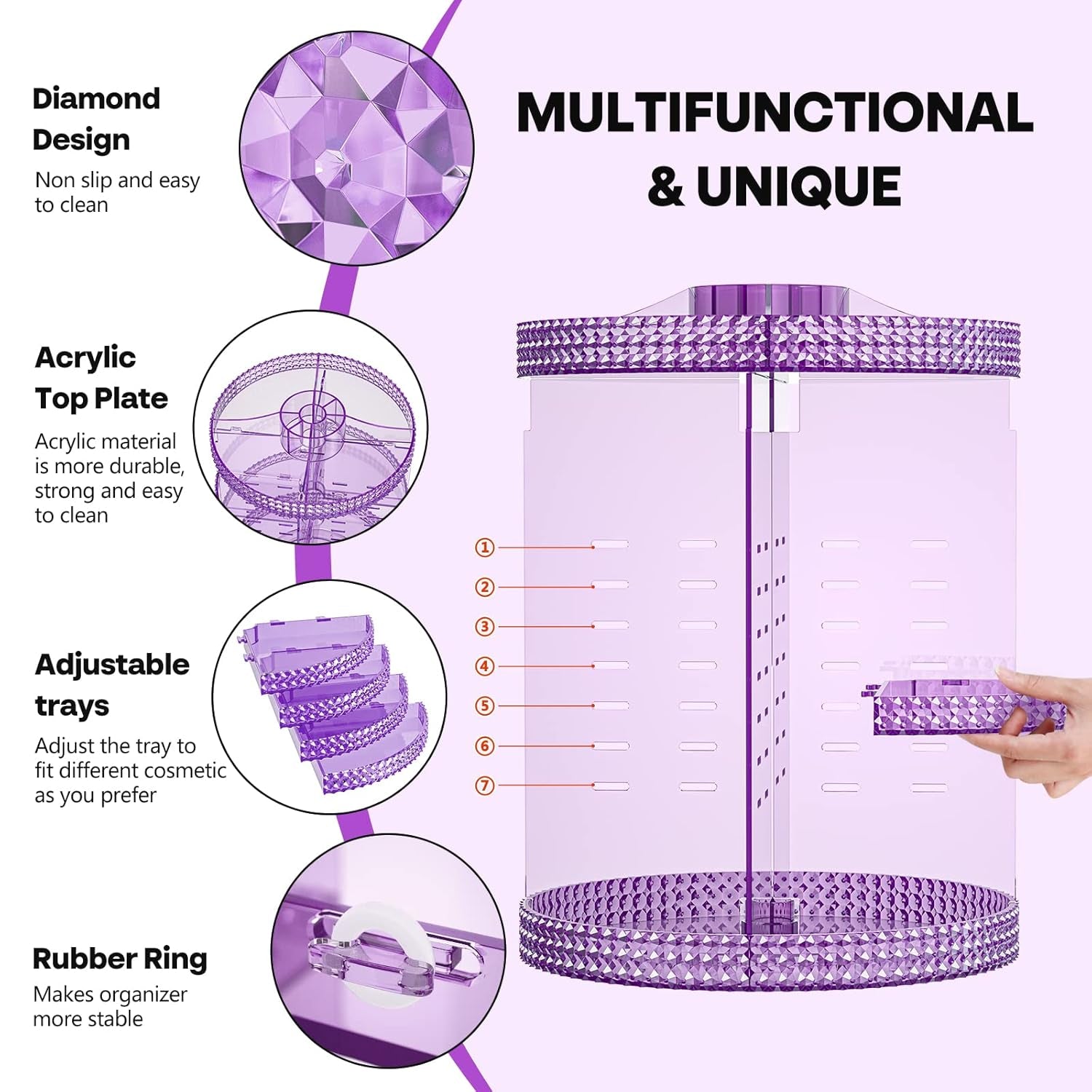 360 Degree Rotating Makeup Organizer, Extra Large Capacity Cosmetics Organizer, Removable 7 Layers Skincare Organizers, Spinning Perfume Organizer, Dresser Organizer Countertop (Purple)