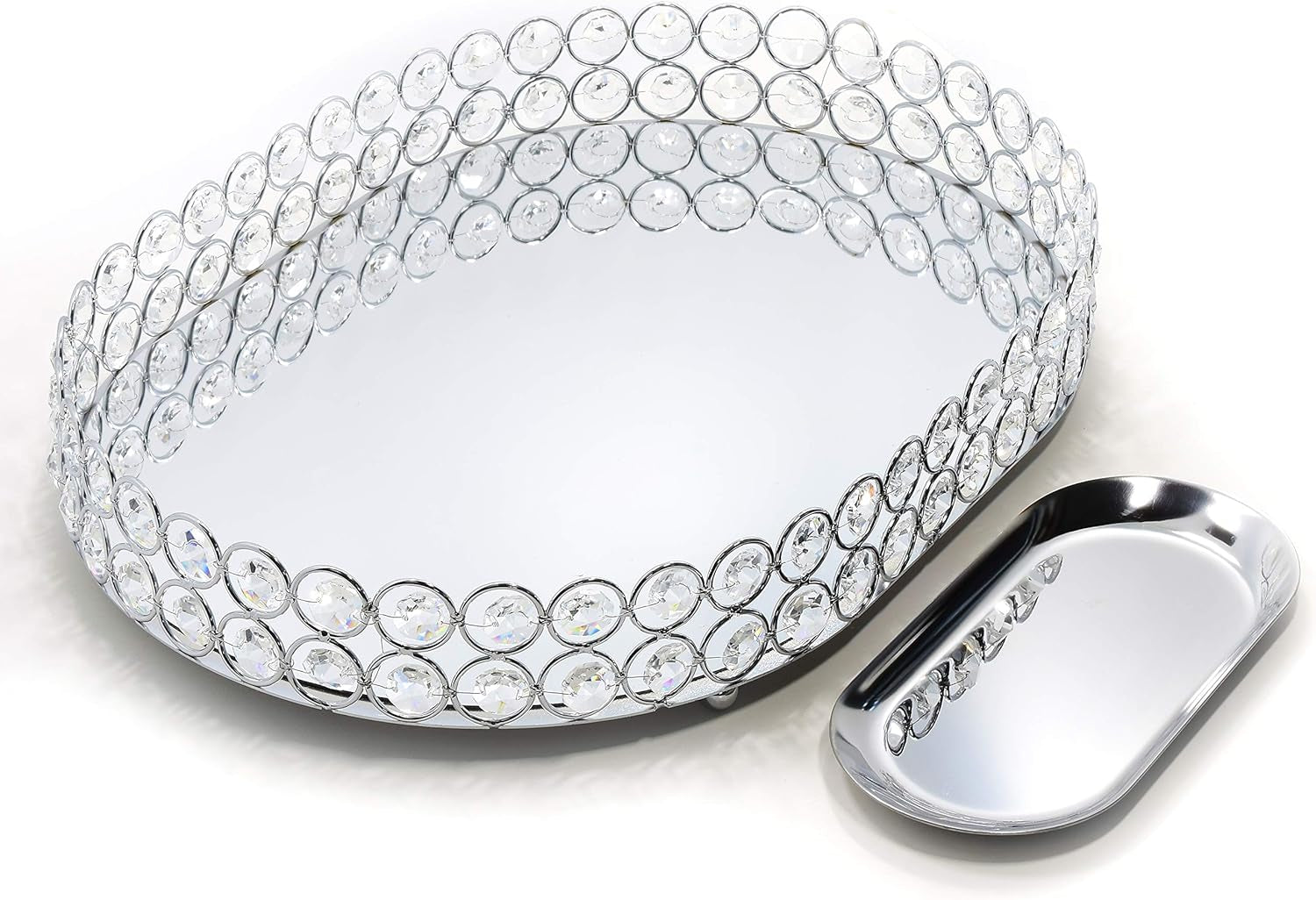 Crystal Vanity Tray Decorative Mirrored Dresser Perfume Trays for Makeup Cosmetic Storage Jewelry Trinket Storage Organizer for Bathroom Countertop Home Décor (Oval, 14X10In, Silver)