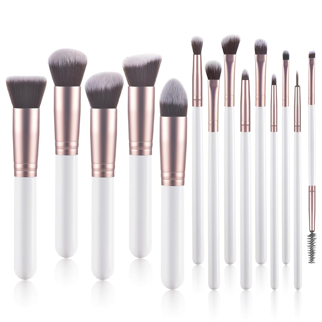 14 Piece White Makeup Brushes - Wooden Handle with Soft Synthetic Bristles,For Face & Eye Makeup|Professional Makeup Brushes Set for Women & Girls|