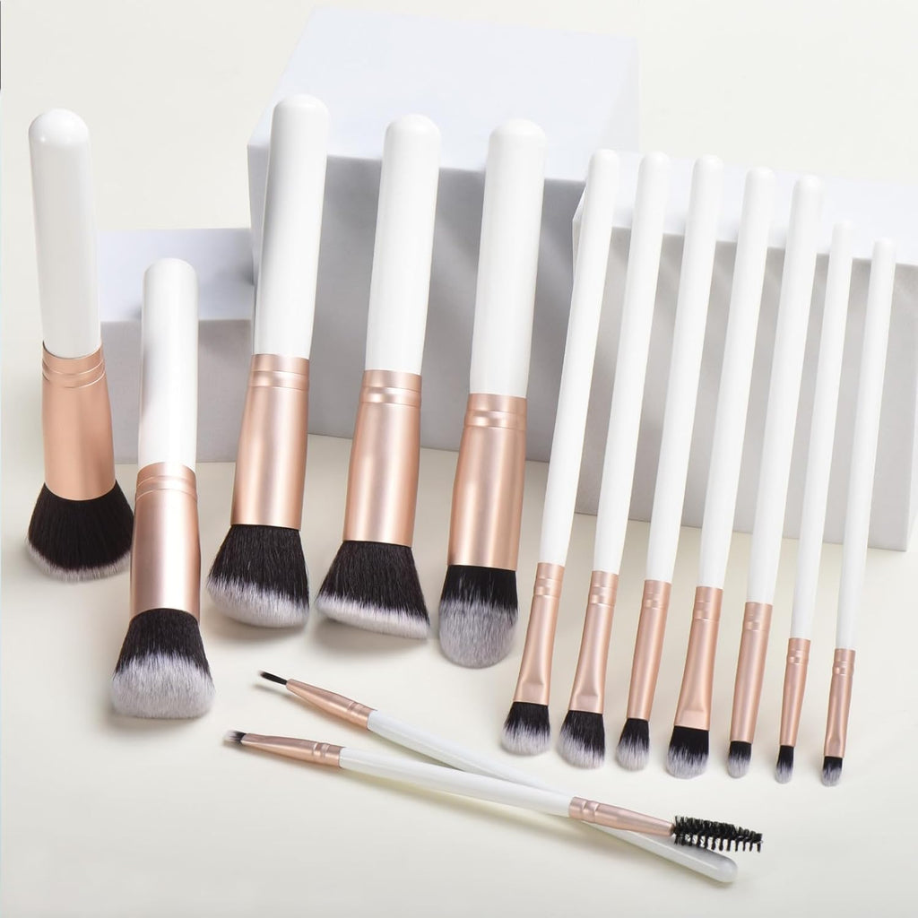 14 Piece White Makeup Brushes - Wooden Handle with Soft Synthetic Bristles,For Face & Eye Makeup|Professional Makeup Brushes Set for Women & Girls|