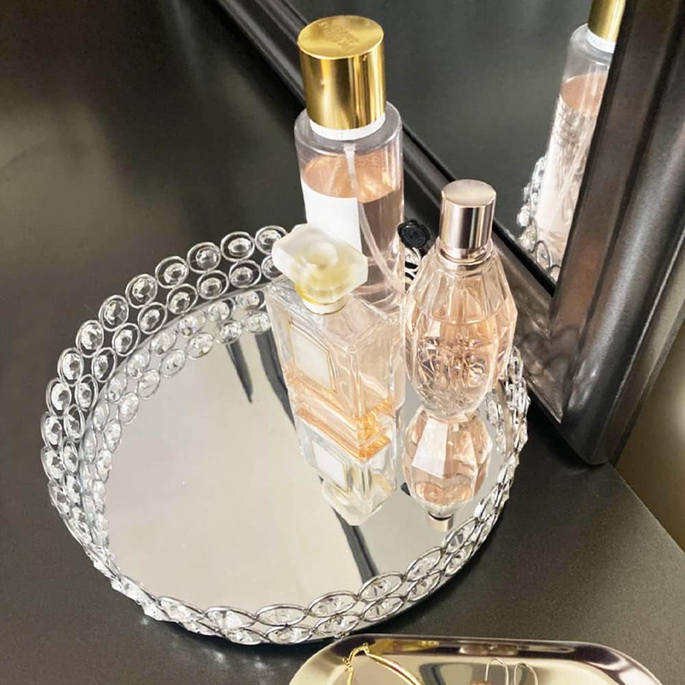 Crystal Vanity Tray Decorative Mirrored Dresser Perfume Trays for Makeup Cosmetic Storage Jewelry Trinket Storage Organizer for Bathroom Countertop Home Décor (Oval, 14X10In, Silver)