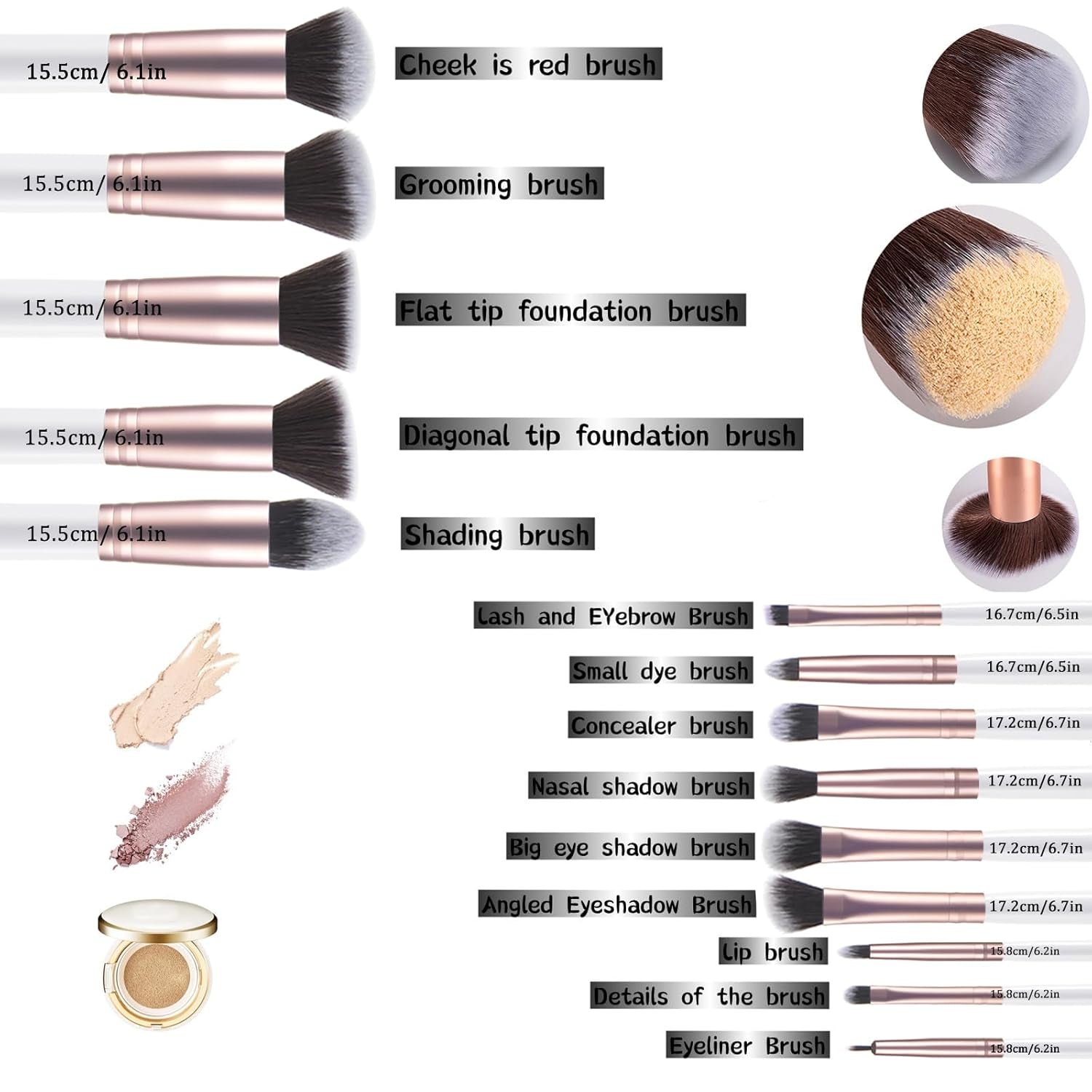 14 Piece White Makeup Brushes - Wooden Handle with Soft Synthetic Bristles,For Face & Eye Makeup|Professional Makeup Brushes Set for Women & Girls|